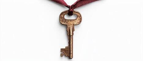 Antique key with burgundy ribbon on white background photo