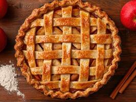 Delicious apple pie with lattice crust, freshly baked and ready to serve photo