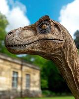 Close up of a dinosaur model head and neck against a blurred background of a building and trees photo