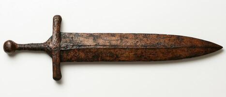 Ancient rusty sword on white background photo