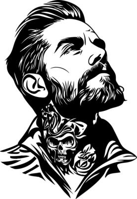 Bearded Man Silhouette with Intricate Skull Tattoo Art