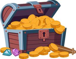 Treasure Chest Overflowing with Gold Coins and Gems Illustration vector