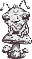 Cute Alien Creature on Mushroom Fantasy Art for Illustrations and Coloring Books vector