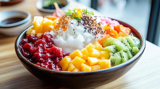 A Colorful and Refreshing Fruit Shaved Ice Dessert photo