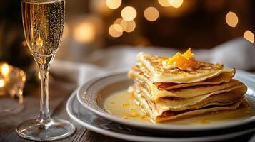A Stack of Golden Pancakes with Orange Glaze photo