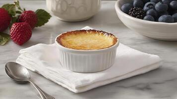 Golden Creme Brulee Dessert in a White Dish photo