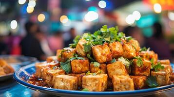 Golden Cubes of Tofu A Culinary Delight at a Night Market photo