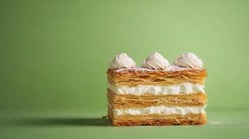A Slice of Exquisite Puff Pastry Dessert with Whipped Cream photo