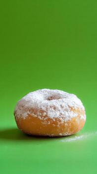 Scrumptious Powdered Sugar Donut on Vibrant Green Background photo