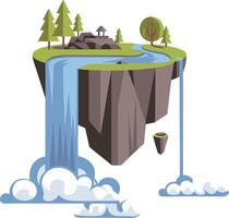 Floating Island with Waterfall and Pine Trees Art vector