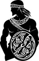 Celtic Warrior Silhouette with Shield and Ornate Patterns for Design and Tattoo Use vector