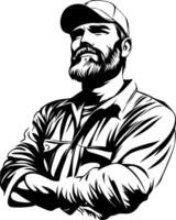 Rugged Bearded Man in Cap Confidently Posing Black and White Art vector