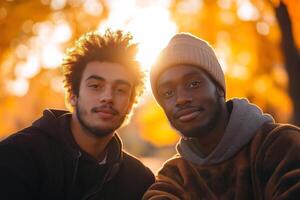 Two young men sit together on a sunny day, surrounded by bright autumn leaves. They smile warmly, enjoying their time in the park and the natural beauty around them. photo