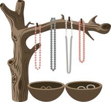 Natural Jewelry Stand Tree Branch with Colorful Beaded Necklaces and Bowls vector