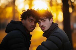 Two young men pose closely together, dressed in black winter jackets, with a golden sunset creating a warm glow around them. The autumn backdrop enhances their connection. photo