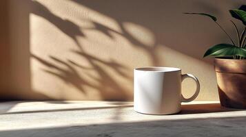 Soft morning light illuminates a solitary white mug resting near a small potted plant. Gentle shadows dance on the wall, creating a peaceful ambiance in the room. photo