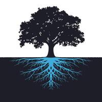 Tree Silhouette with Blue Roots Symbolizing Growth Connection Nature vector
