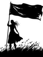 Silhouette Woman Holding Flag Standing in Windy Field Art vector