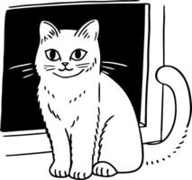Cute Cat Outline Illustration Sitting by Window for Design and Coloring Book Use vector