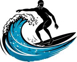 Surfer Riding Ocean Wave Silhouette Illustration for Sports and Beach Themes vector