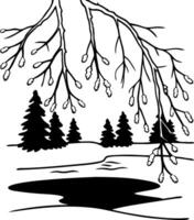 Snowy Forest Scene with Bare Tree Branches and Tranquil River Winter Art vector