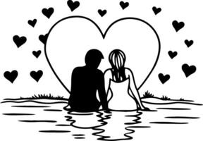 Romantic Couple Silhouette by Lake with Heart Shapes Art vector