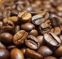 Roasted coffee beans in warm lighting with a close-up view photo