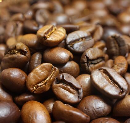 Roasted coffee beans in warm lighting with a close-up view