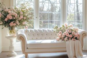 Luxurious white sofa displaying elegant pink and white roses in front of window photo