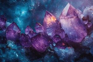 Large amethyst crystals shining under a starry sky photo