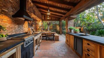 Luxurious outdoor kitchen featuring rustic brick and wood design with garden view photo
