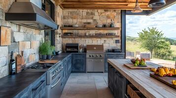 Luxurious outdoor kitchen featuring stone wall and modern appliances in rustic setting photo
