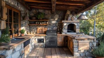 Outdoor rustic kitchen embracing nature's charm in a cozy setting photo