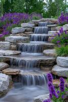 Cascading waterfall flowing over rocks in lush garden photo