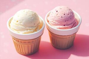 Two scoops of ice cream resting on a pink background in waffle cups photo