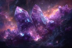 Giant amethyst crystals emerging from a cosmic nebula photo
