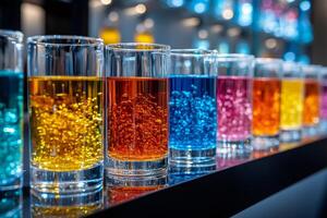 Colorful cocktails with bubbles resting on bar shelf in modern setting photo