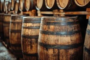 Wine or whiskey aging in oak barrels stacked in rows inside a cellar photo