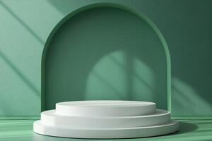 White round empty podium on green background with arch and window light creating shadows photo