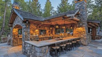 Luxurious outdoor kitchen featuring stone and wood in rustic setting at dusk photo
