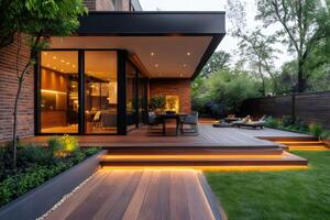 Modern house with illuminated wooden deck and garden in the evening photo