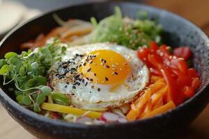 Delicious bibimbap bowl with fried egg and sesame seeds is ready to be eaten photo