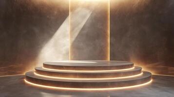 Round empty podium illuminating with warm light for award ceremony or product presentation photo