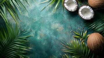 Tropical background showing fresh coconuts and palm tree leaves on marble surface photo