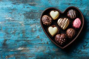Heart shaped box filled with chocolate pralines photo