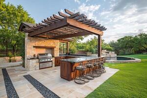 Outdoor kitchen featuring pergola, grill, and bar seating overlooking a pool photo