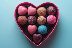 Heart shaped box overflowing with colorful chocolates for valentine's day photo