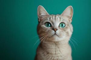 Portrait of british shorthair cat looking up with teal or turquoise background photo