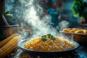 Steaming hot corn kernels garnished with parsley on a rustic table photo