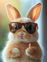 Cute rabbit wearing sunglasses showing thumbs up gesture photo